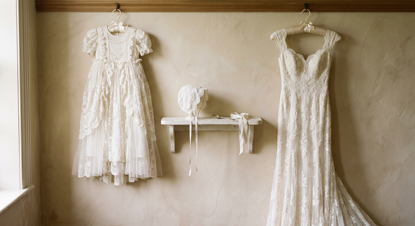 Ivory lace christening gown, bonnet and bridal gown hanging against a soft plaster wall