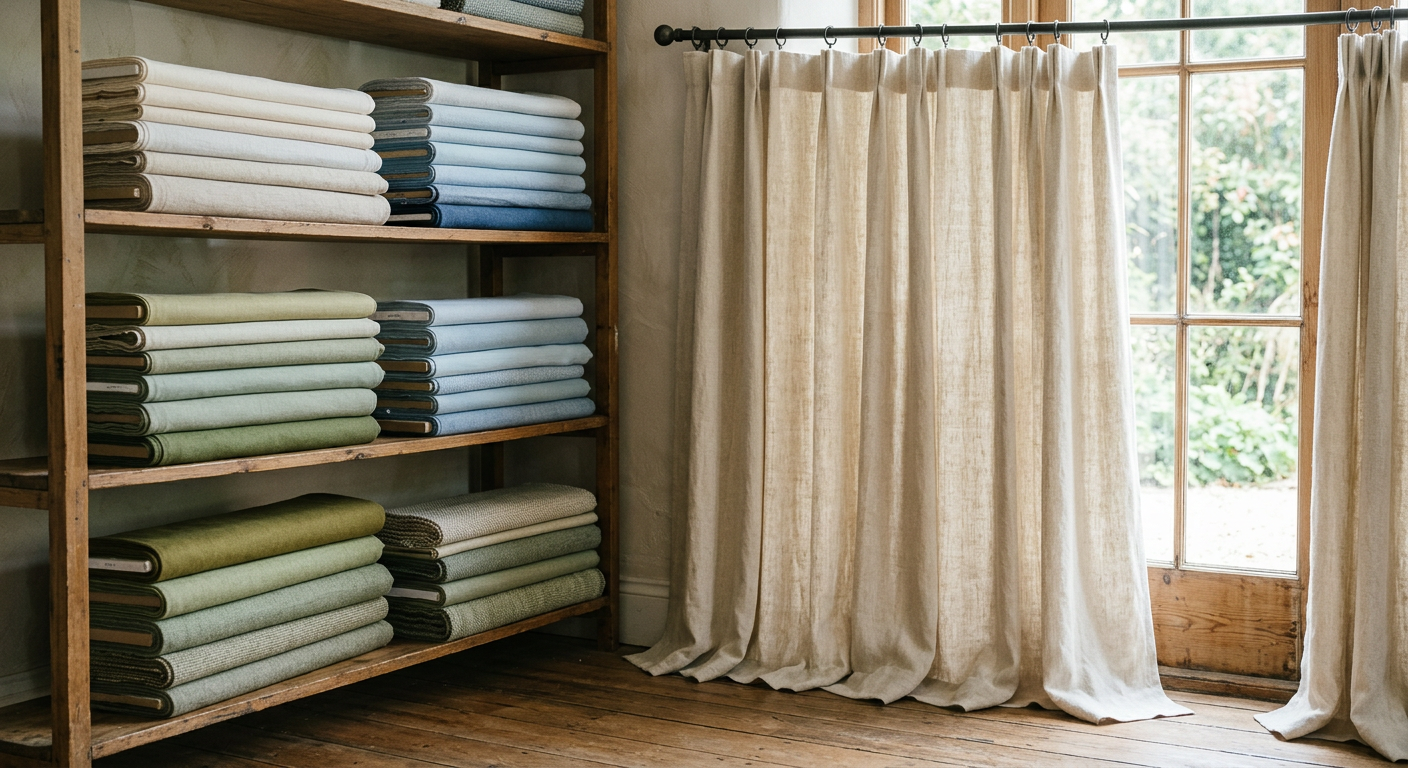 Bolts of fabric on a wooden shelf beside floor-length curtains